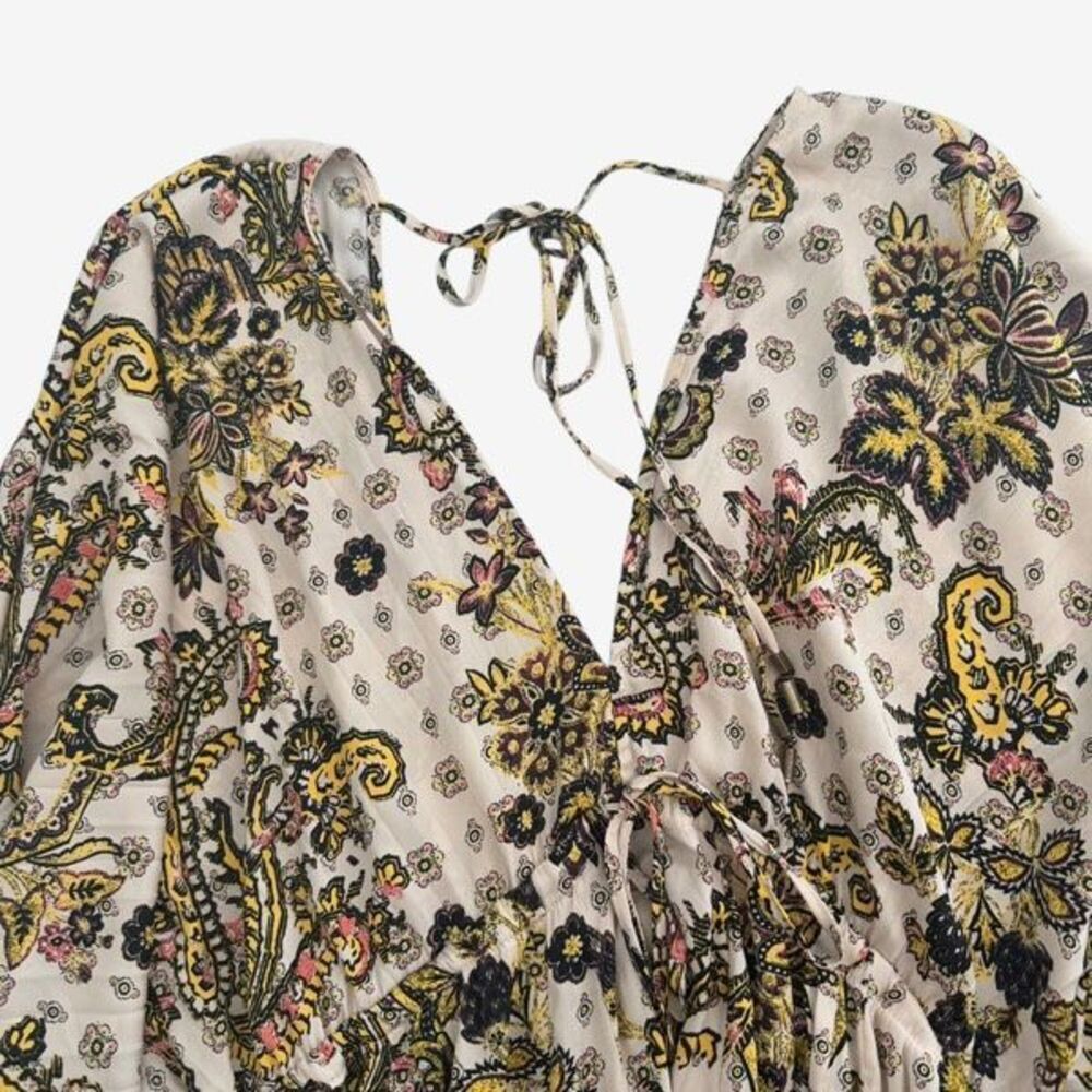 Free People Arzel Boho Peasant Paisley Dress Long Balloon Sleeve V-Neck Tea Sz S - Picture 11 of 14
